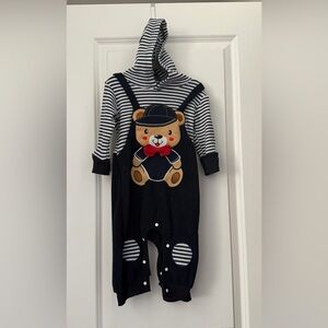 Navy Striped Bear Appliqué Baby Overalls Set
